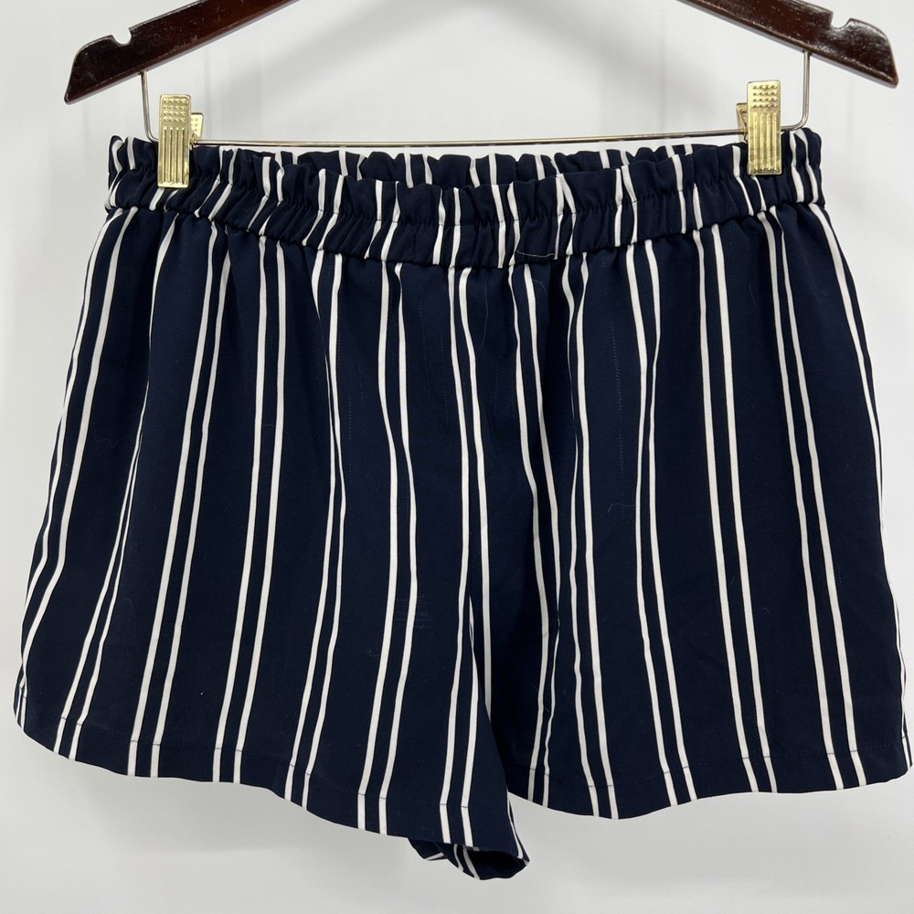 Women's Stretch Navy &‎ White Stripe Micro Shorts Coastal Nautical Preppy Beach